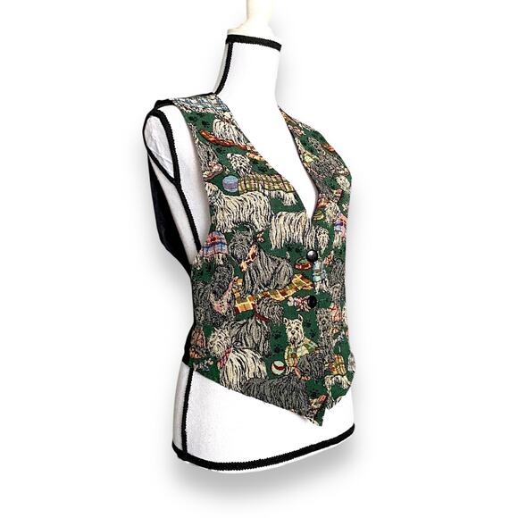 VNTG Tapestry Vest Dog Themed Sz M Green Multicolor Satin Tie Back 80s Y2k - Picture 8 of 16